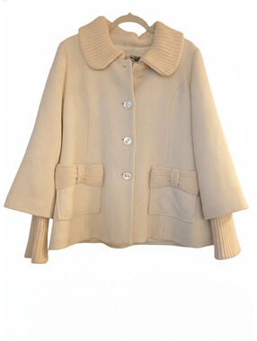 EUC, Anthropologie Tabitha Cream Wool Blend Button-Up Coat,Bow Detail Size L